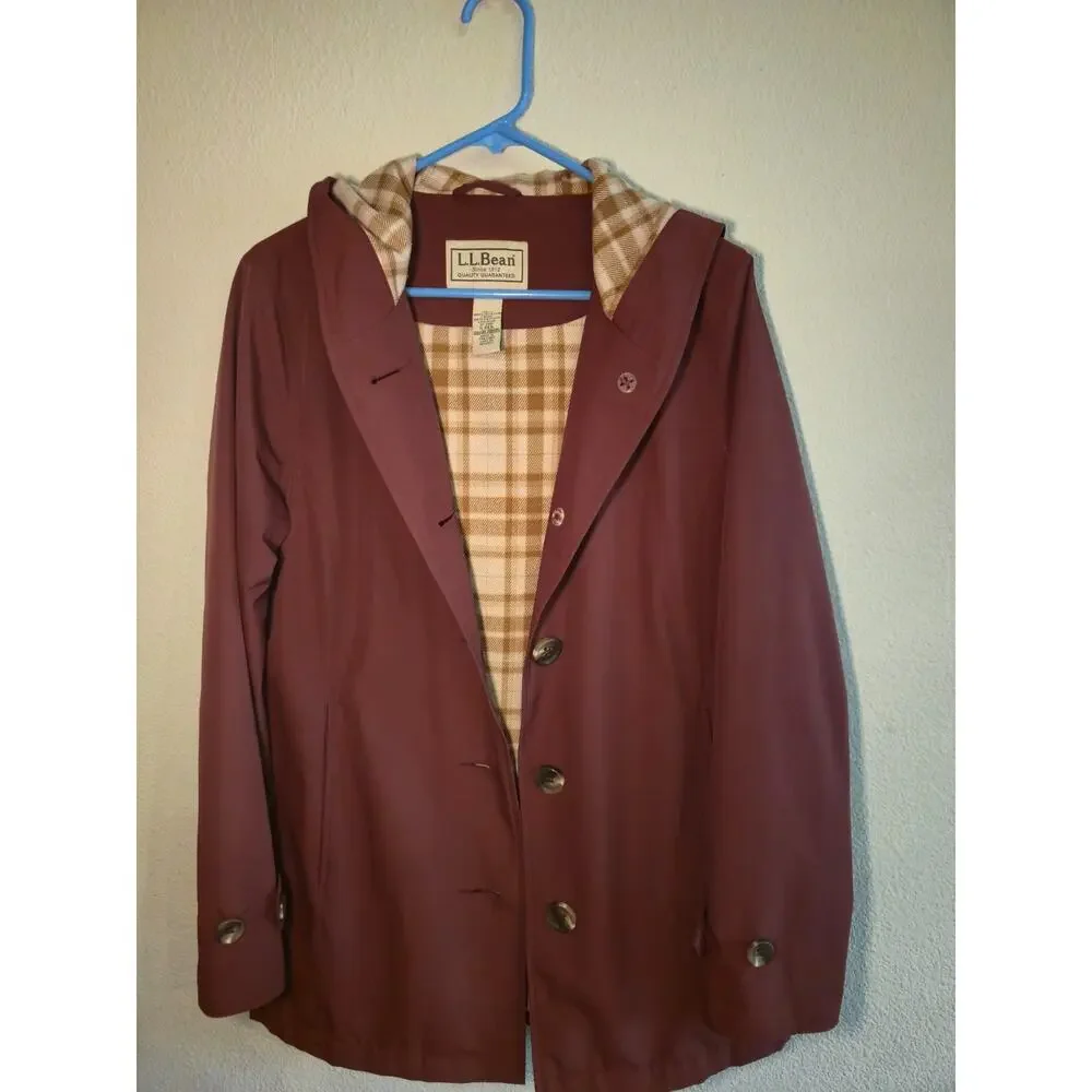 LL Bean Plaid Lined Hooded Rain Jacket Maroon Burgundy Coat Women's Size S Reg